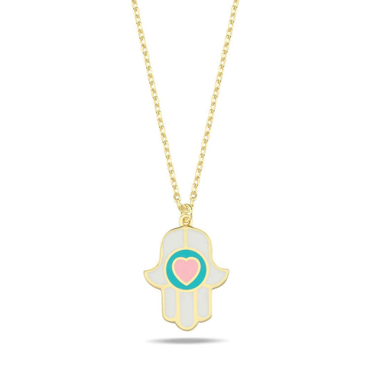 Heart Hamsa Necklace Enamel Gold Plated | Alef Bet