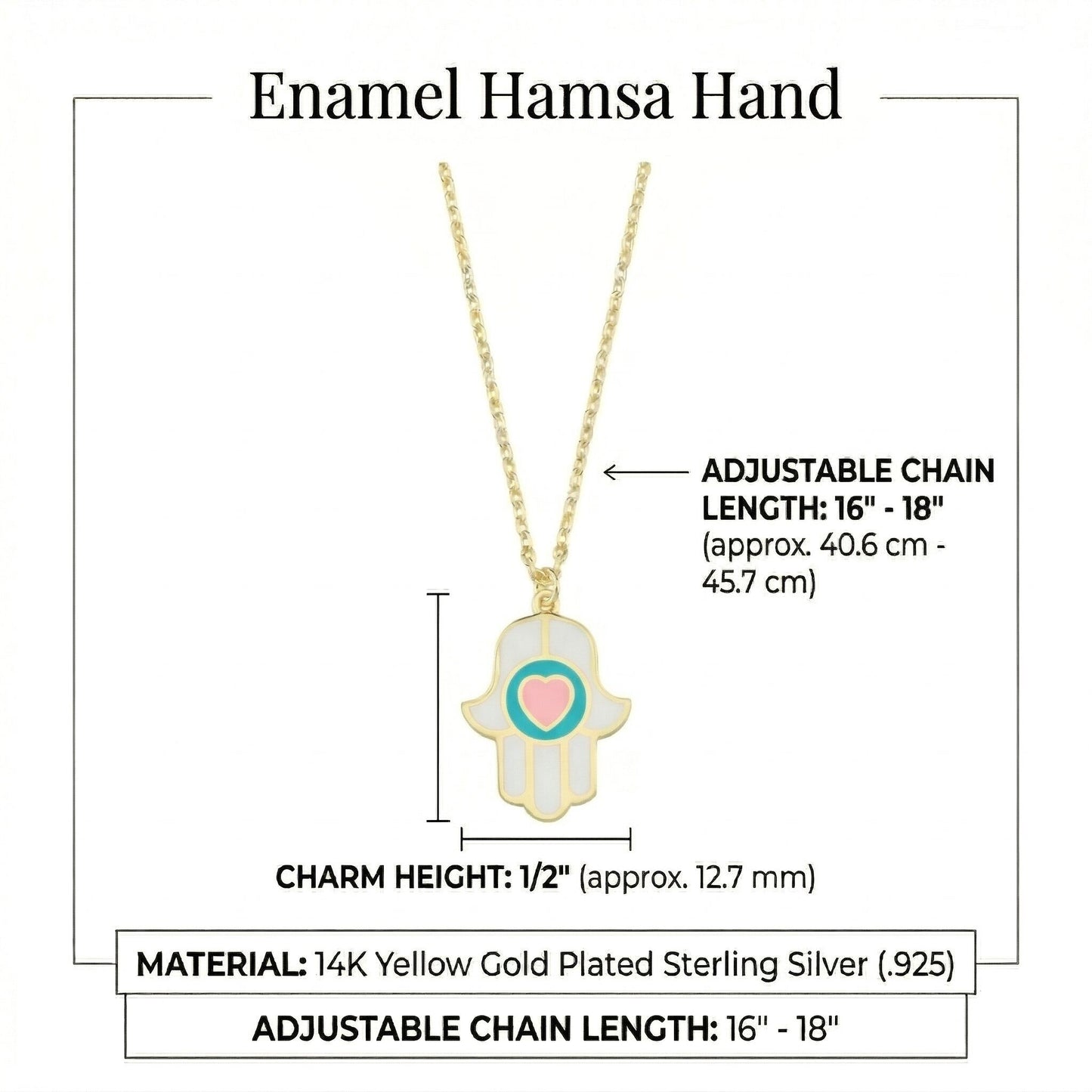 Heart hamsa necklace in white pink enamel gold featuring contrasting color block design by Alef Bet
