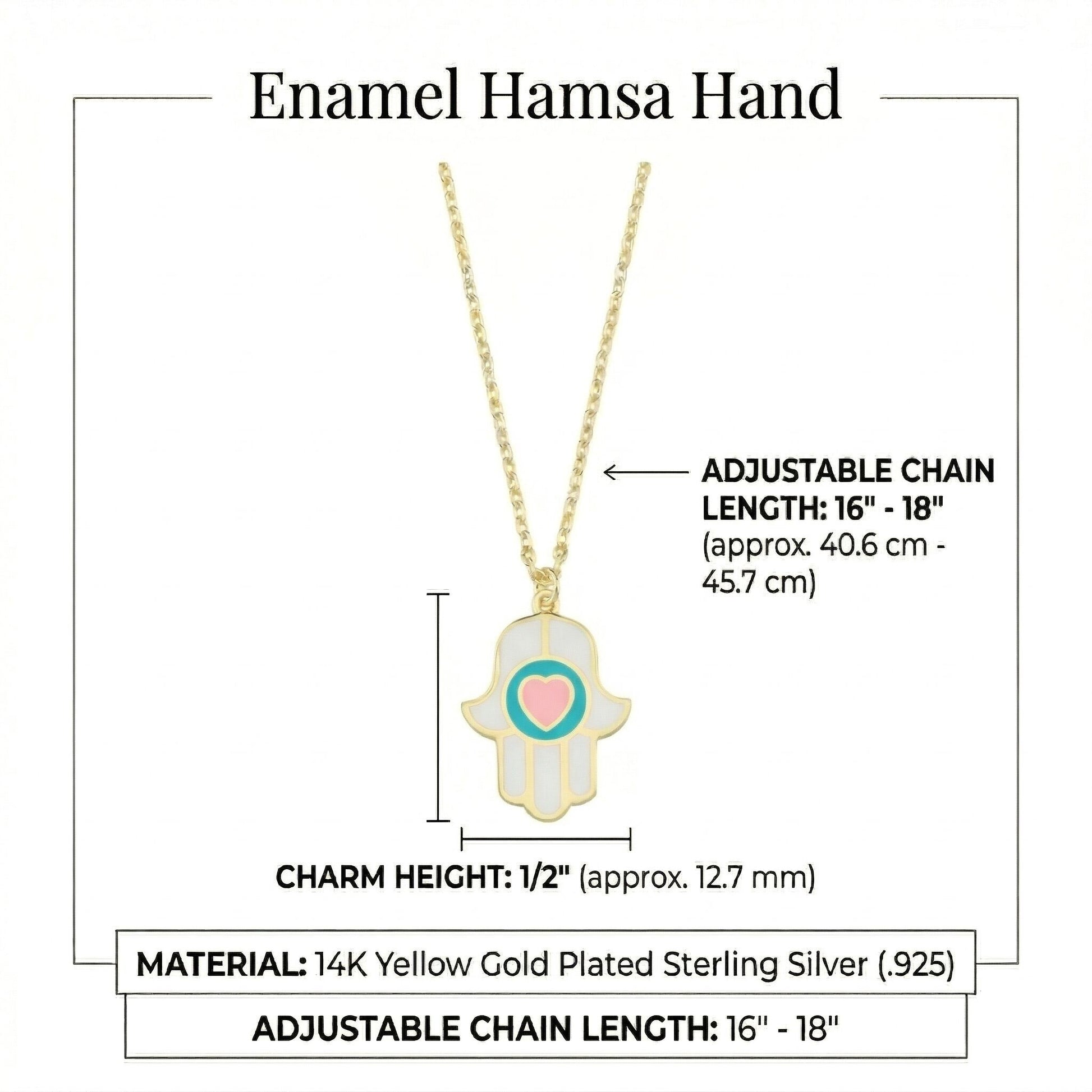 Heart hamsa necklace in white pink enamel gold featuring contrasting color block design by Alef Bet