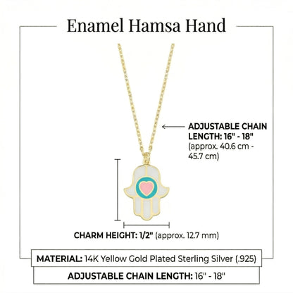 Heart hamsa necklace in white pink enamel gold featuring contrasting color block design by Alef Bet