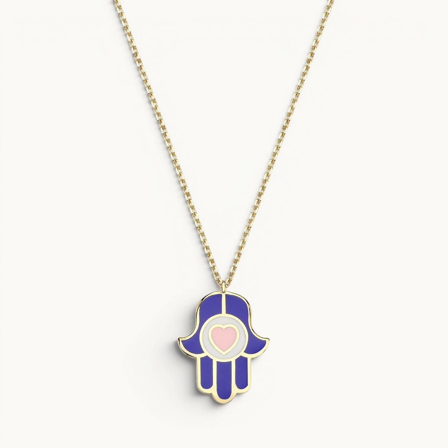 Hamsa pendant in navy and pink enamel with high-polish finish by Alef Bet