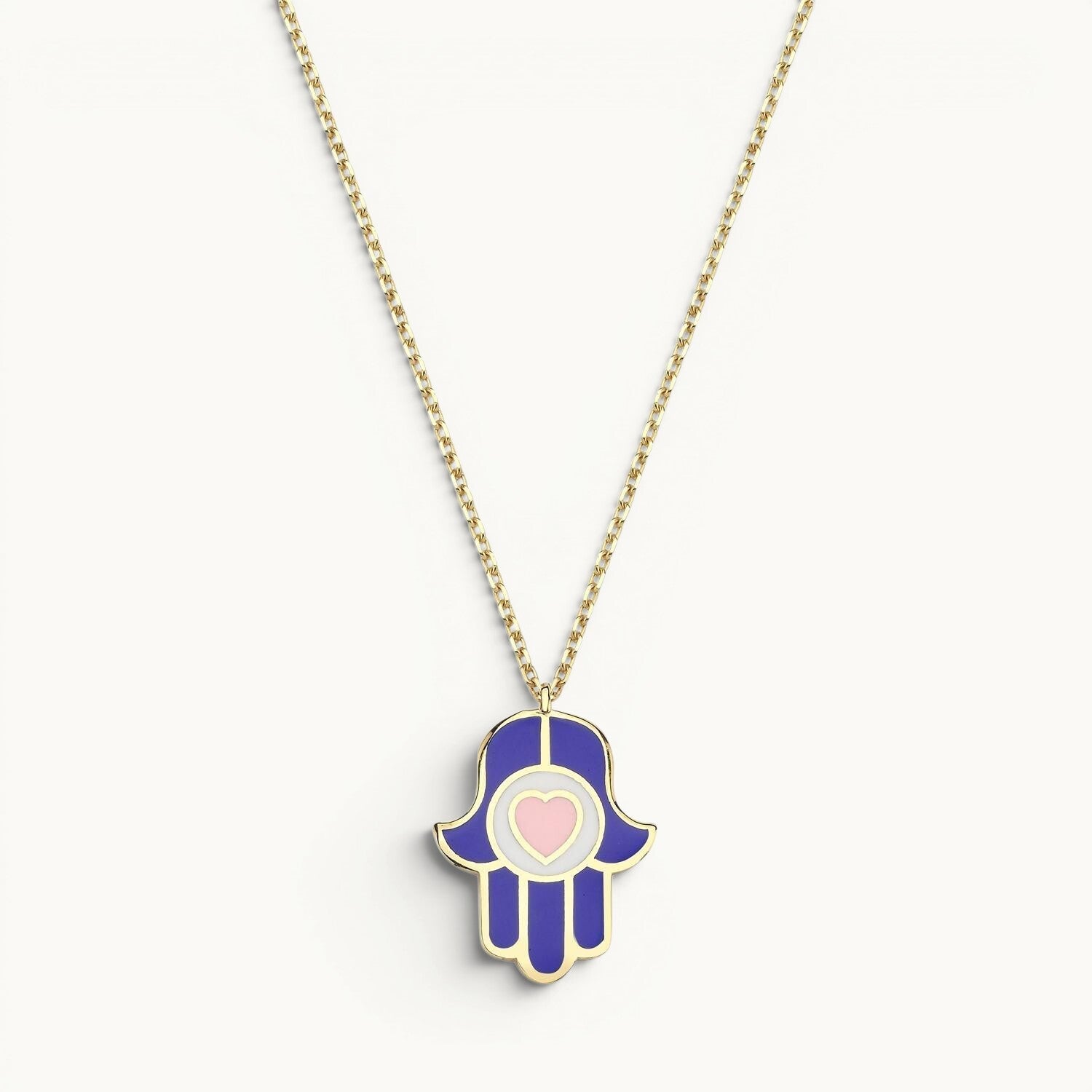 Hamsa pendant in navy and pink enamel with high-polish finish by Alef Bet