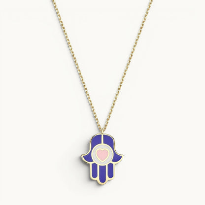 Hamsa pendant in navy and pink enamel with high-polish finish by Alef Bet