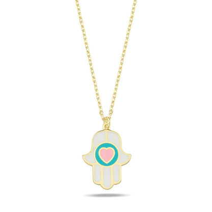 Heart Hamsa Necklace Enamel Gold Plated | Alef Bet