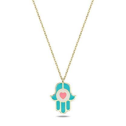 Heart Hamsa Necklace Enamel Gold Plated | Alef Bet