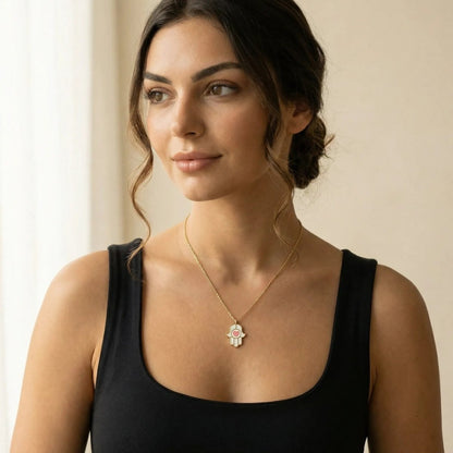 Heart Hamsa Necklace Enamel Gold Plated | Alef Bet
