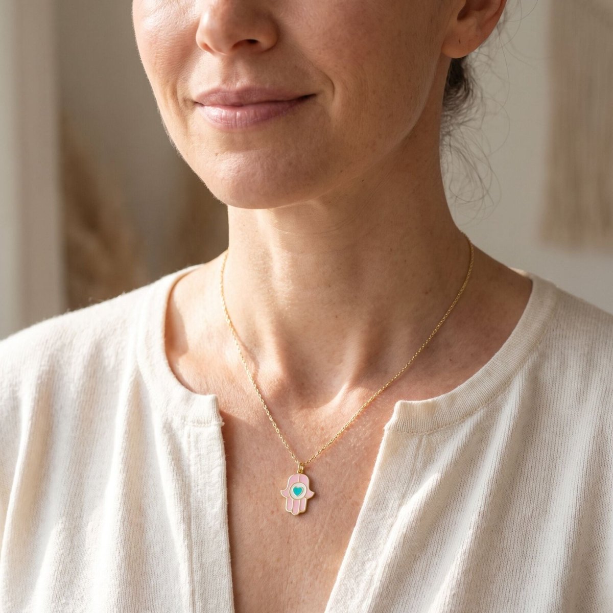 Heart Hamsa Necklace in 14k Gold Plated Sterling Silver 925 with Pink and White Enamel Hearts, protection and love in one piece