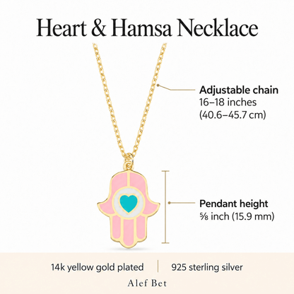 Heart Hamsa Necklace in 14k Gold Plated Sterling Silver 925 with Pink and White Enamel Hearts, protection and love in one piece