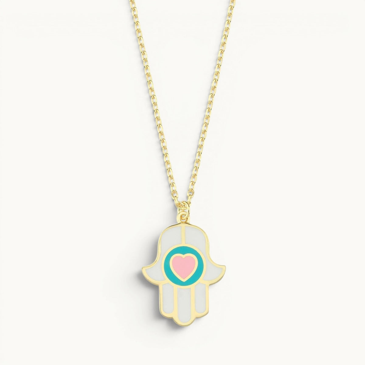 Heart Hamsa Necklace in 14k Gold Plated Sterling Silver 925 with Pink and White Enamel Hearts, protection and love in one piece