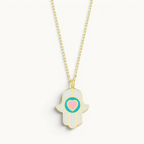 Heart hamsa necklace in white and pink enamel gold with dual protective symbols by Alef Bet