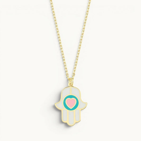 Heart Hamsa Necklace with Pink and White Enamel in Gold Plated