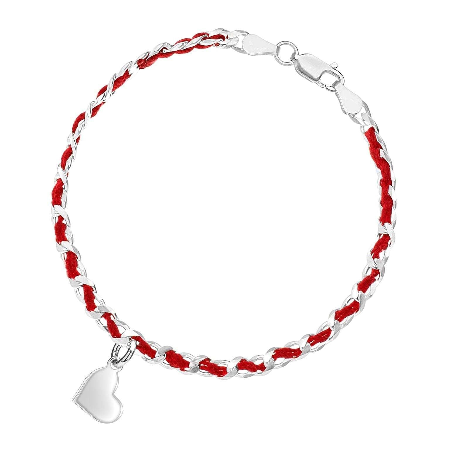 ALT text: Silver heart kaballah love bracelet with a 1/2" pendant, 7" length, featuring a protective red string for love and fortune.