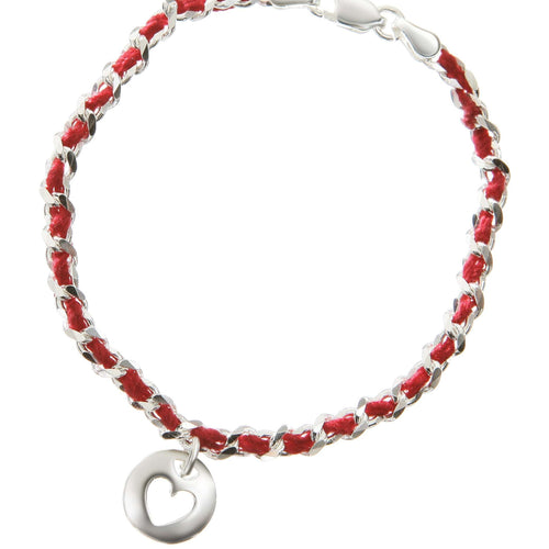 Heart bracelet in sterling silver with red string of fate by Alef Bet
