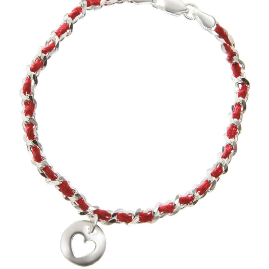 Beautiful sterling silver heart bracelet with a red string of fate, symbolizing love and protection, perfect as a meaningful gift.