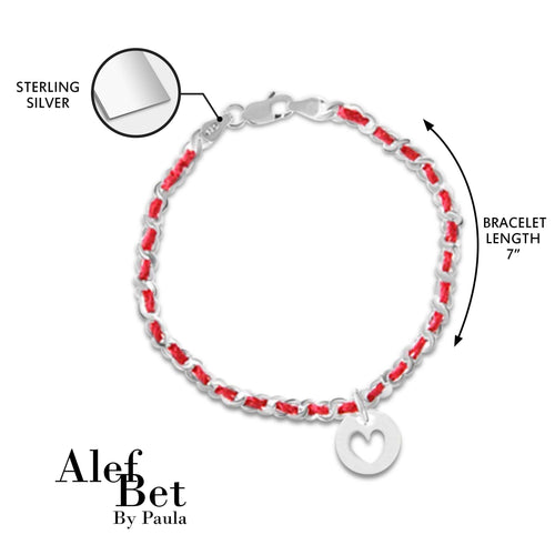 Sterling silver heart string of fate bracelet with red cord, symbolizing love and protection, complete with pouch and meaning card.