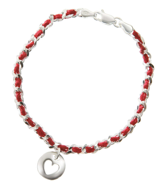 Beautiful sterling silver heart bracelet with a red string of fate, symbolizing love and protection, perfect as a meaningful gift.