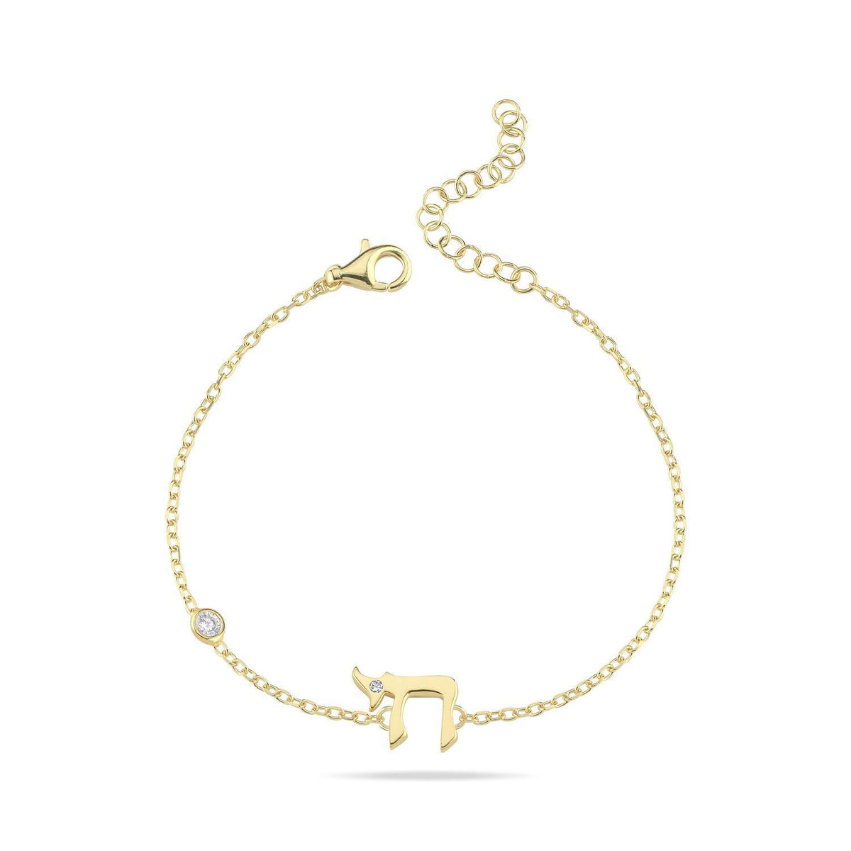Hebrew Chai Bracelet with Single CZ Bezel in Sterling Silver 925