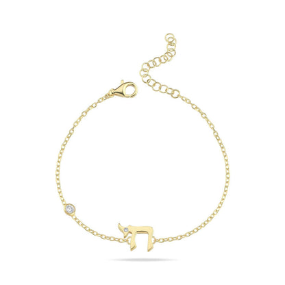 Hebrew Chai Bracelet with Single CZ Bezel in Sterling Silver 925