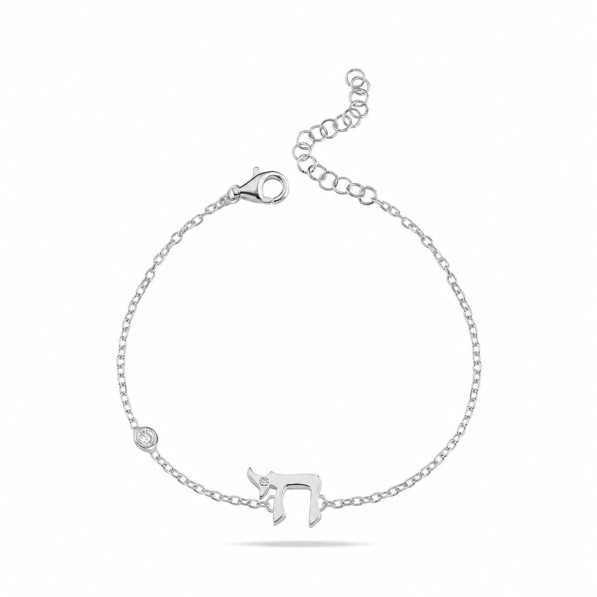 Hebrew Chai Bracelet with Single CZ Bezel in Sterling Silver 925