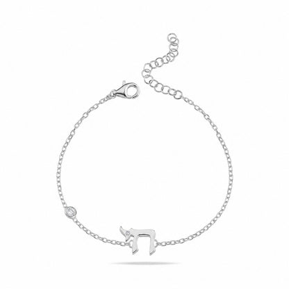 Hebrew Chai Bracelet with Single CZ Bezel in Sterling Silver 925