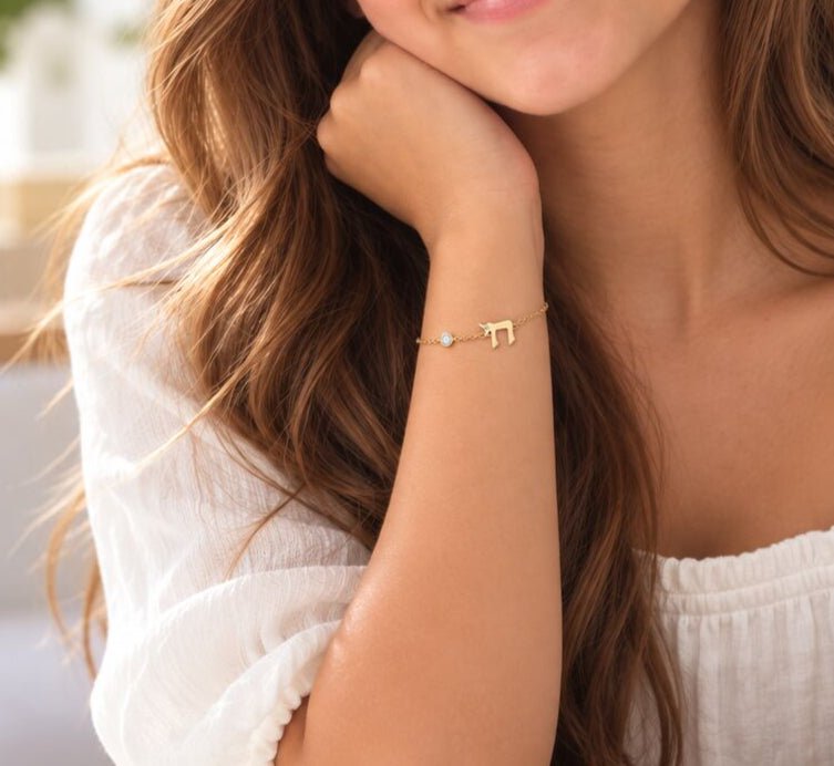 Hebrew Chai Bracelet with Single CZ Bezel in Sterling Silver 925