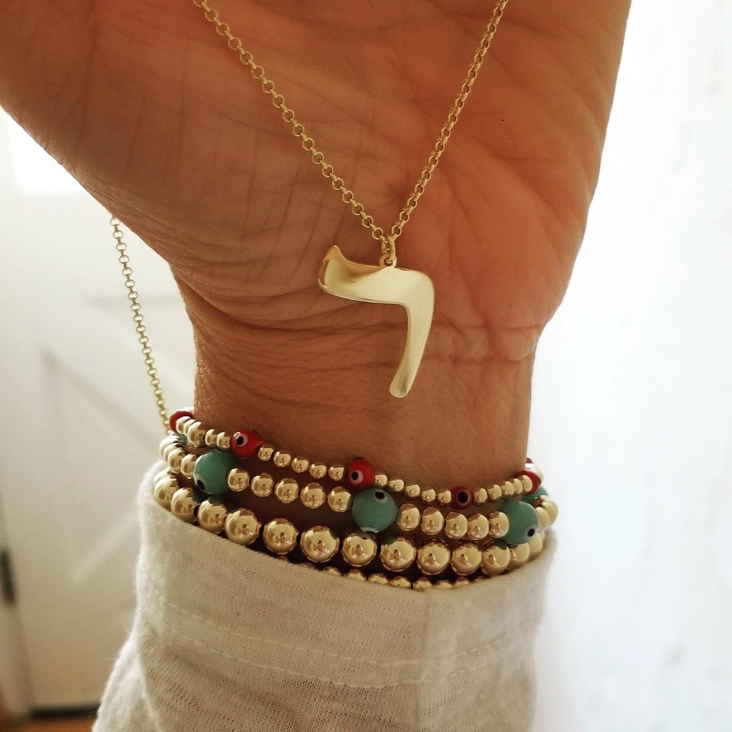 Hebrew Initial Letter Necklace on Rolo Chain