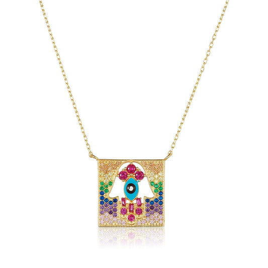 Intricate Gemstone Hamsa Pendant in Gold