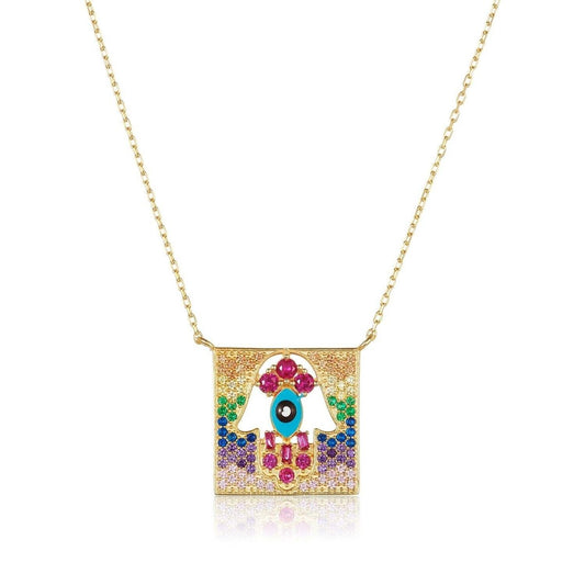 Intricate Gemstone Hamsa Pendant in Gold