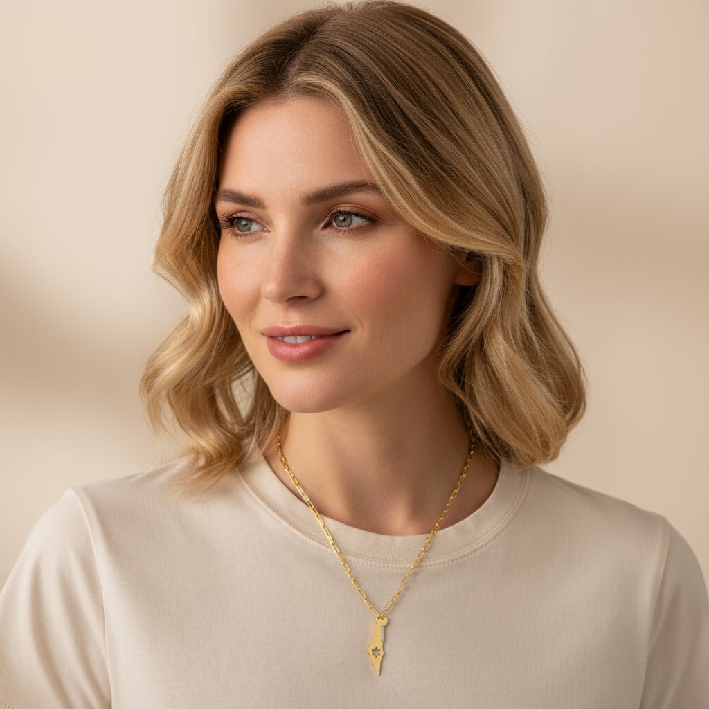 Israel Map & Star Charm Necklace | Gold Paperclip Chain