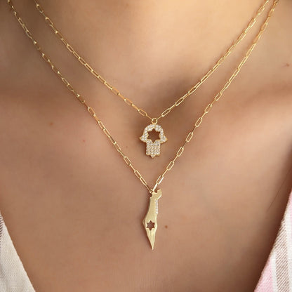 Gold paperclip chain necklace featuring Israel map and star charm pendant detail