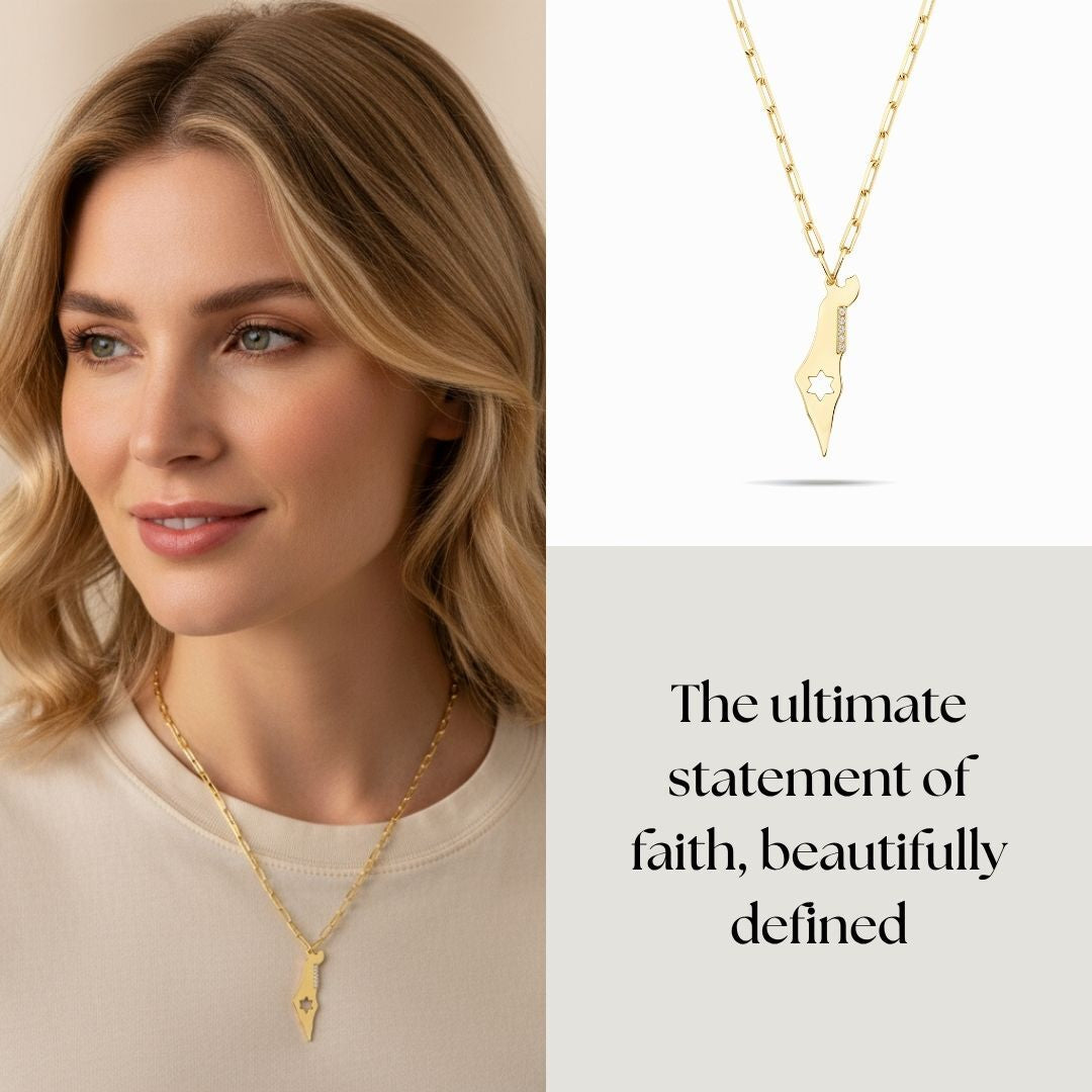 Gold necklace with Israel map and star charms on delicate paperclip chain by Alef Bet