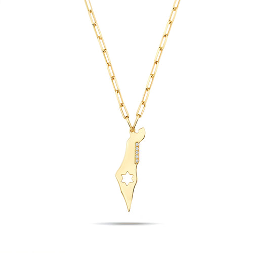 Israel Map & Star Charm Necklace | Gold Paperclip Chain