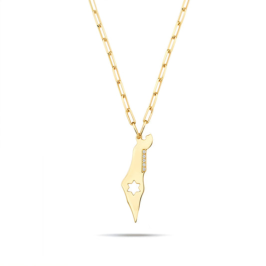 Israel Map & Star Charm Necklace | Gold Paperclip Chain