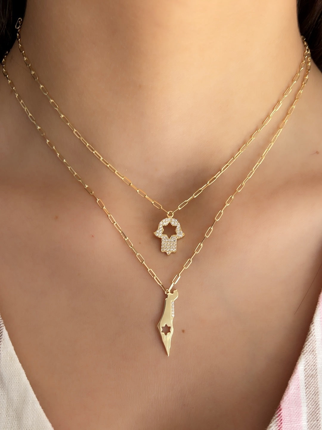 Israel Map & Star Charm Necklace | Gold Paperclip Chain