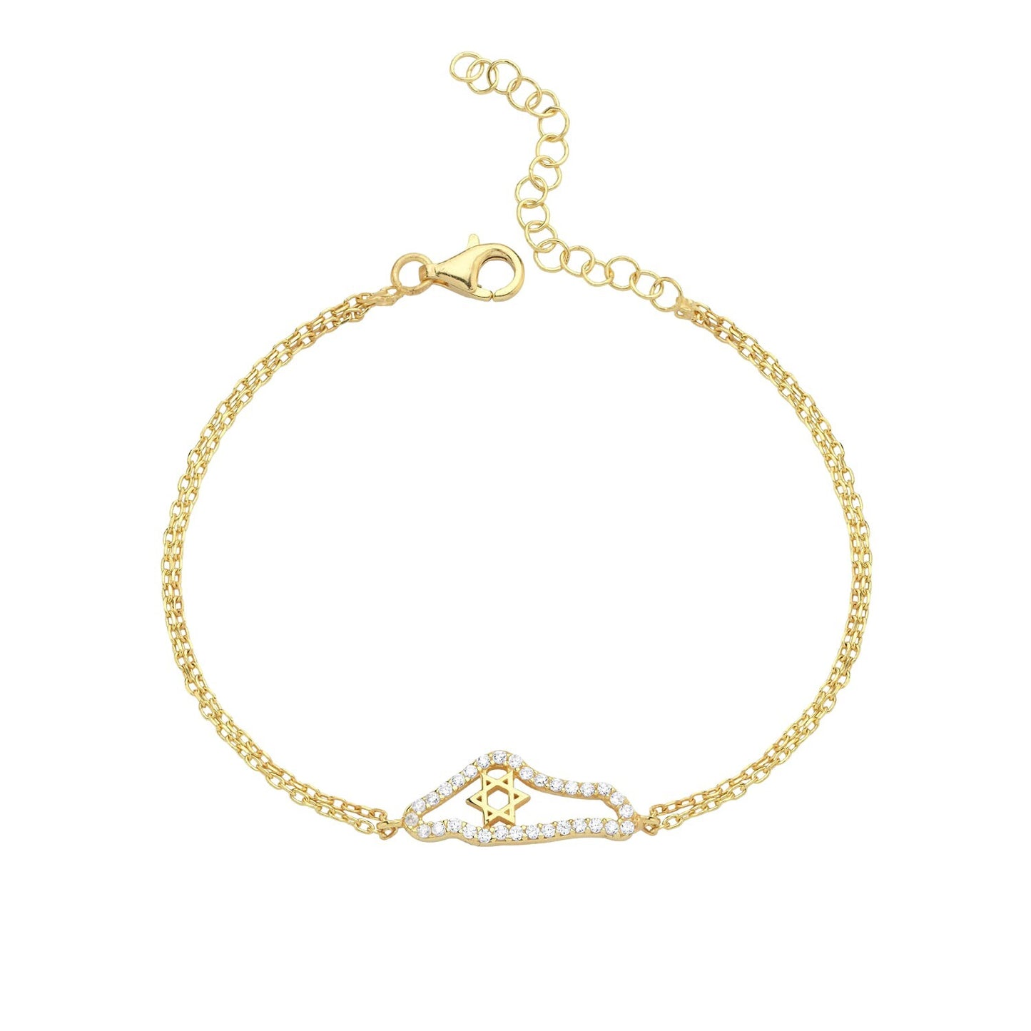 Map of Israel charm bracelet in gold-plated sterling silver with Star of David pendant by Alef Bet