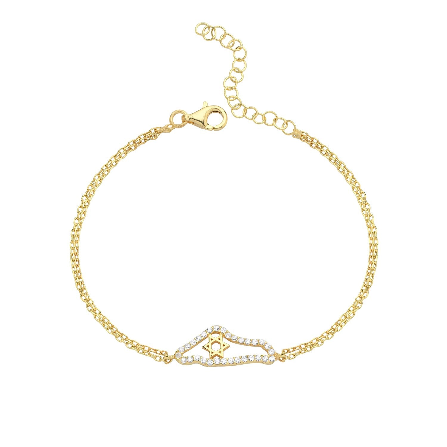 Map of Israel charm bracelet in gold-plated sterling silver with Star of David pendant by Alef Bet