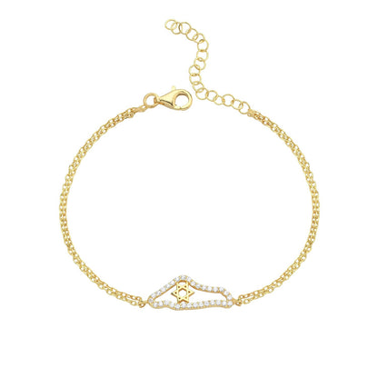 Map of Israel charm bracelet in gold-plated sterling silver with Star of David pendant by Alef Bet