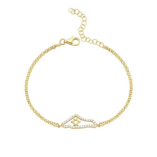 Map of Israel charm bracelet in gold-plated sterling silver with Star of David pendant by Alef Bet