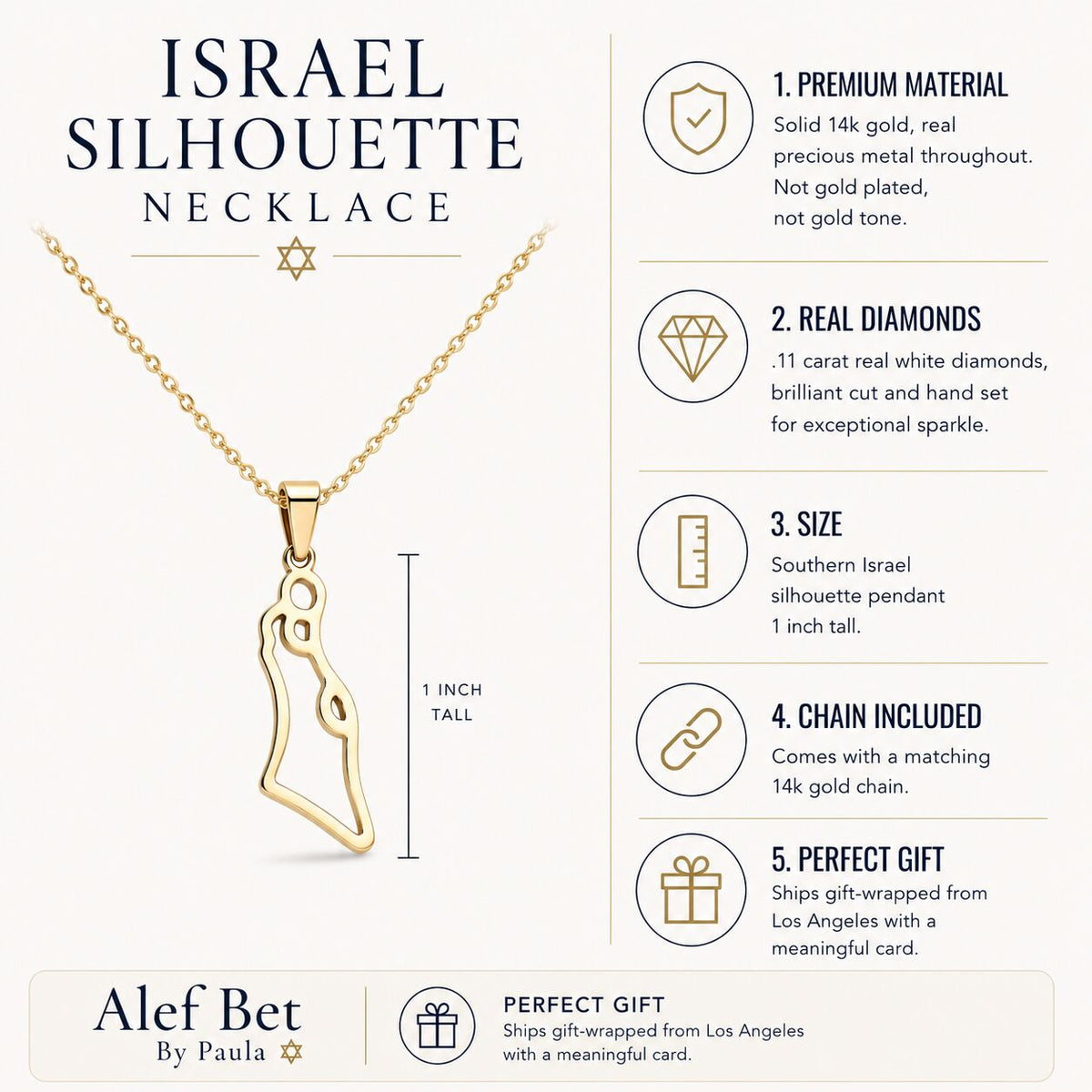 Israel Map Necklace in Solid 14k Yellow Gold, pure precious metal for the woman who wears her homeland