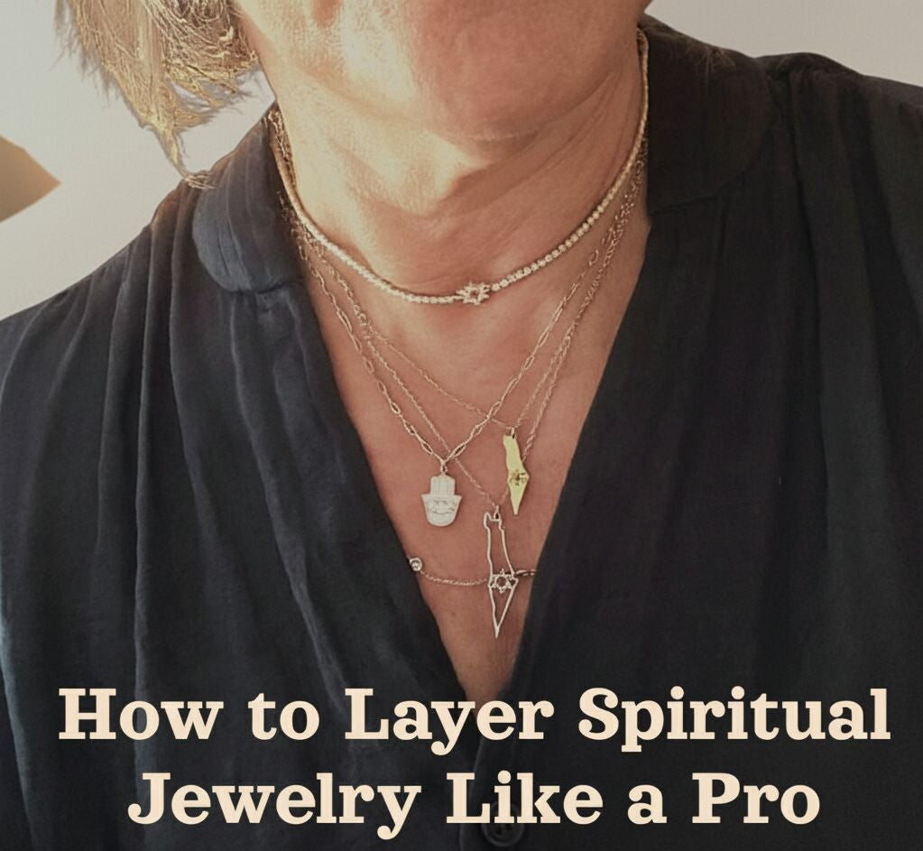 Person wearing multiple necklaces with text overlay 'How to Layer Spiritual Jewelry Like a Pro'.