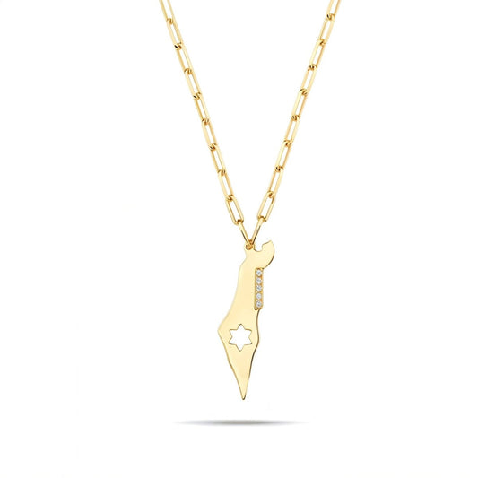 Israel Map & Star Charm Necklace | Gold Paperclip Chain