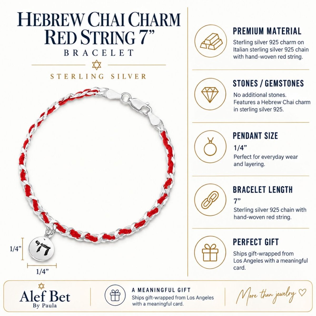 Jewish Chai Charm Sterling Silver 925 Red String Bracelet, the blessing of life and protection on your wrist