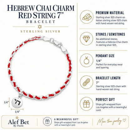 Jewish Chai Charm Sterling Silver 925 Red String Bracelet, the blessing of life and protection on your wrist