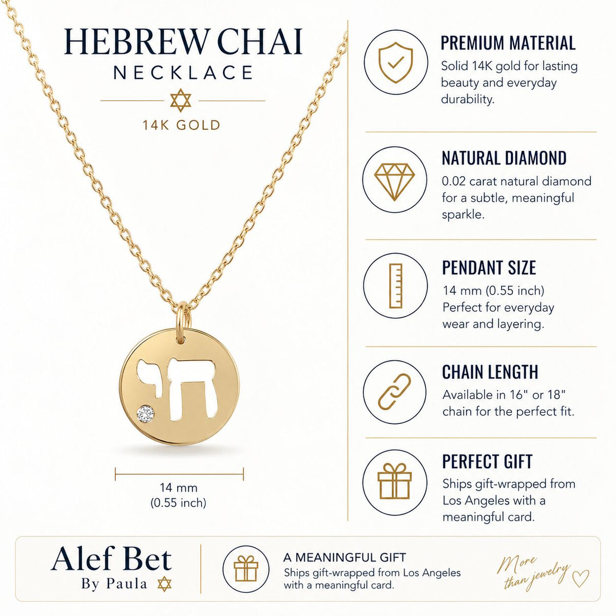Jewish Chai Diamond Disk Pendant Necklace in Solid 14k Yellow Gold, a luminous heirloom to pass down
