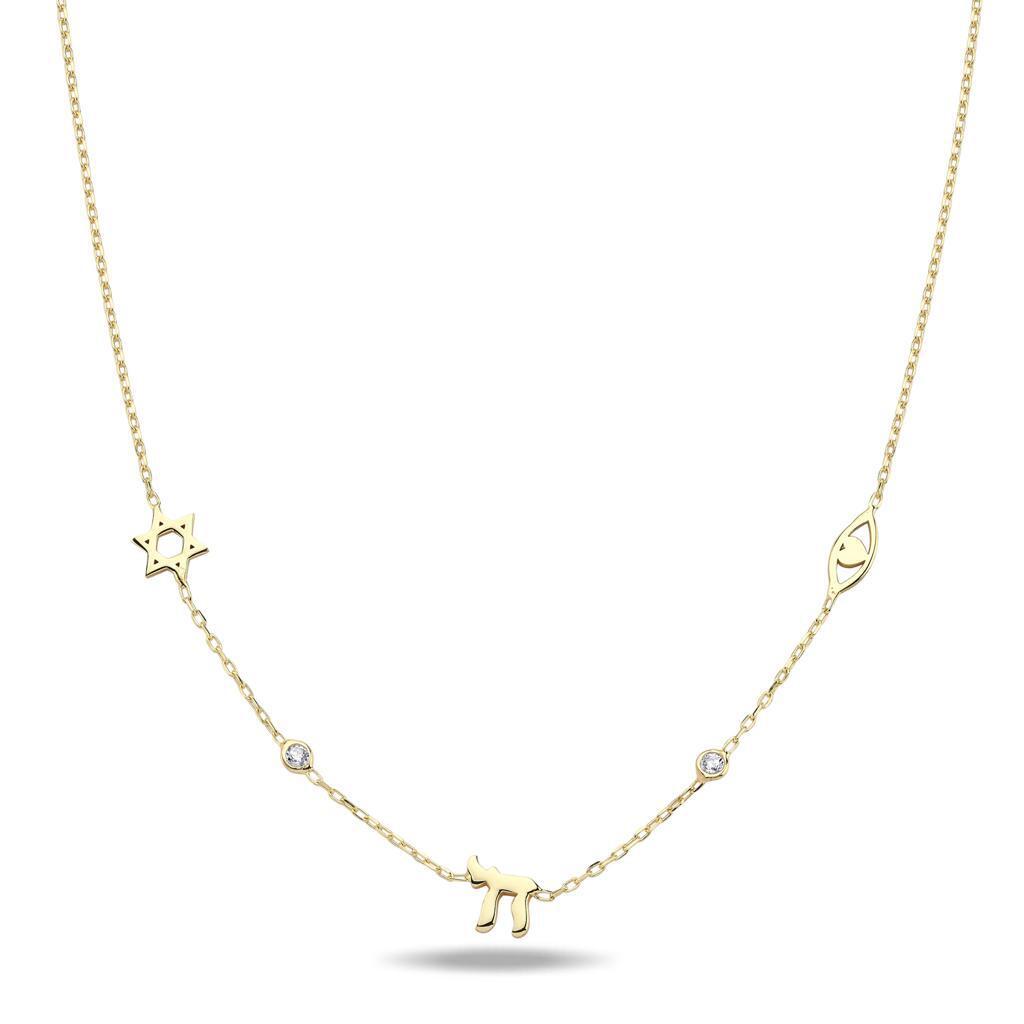 Jewish Chai, Evil Eye, Star of David CZ Charm Necklace Sterling Silver 925, every symbol she carries on one delicate chain