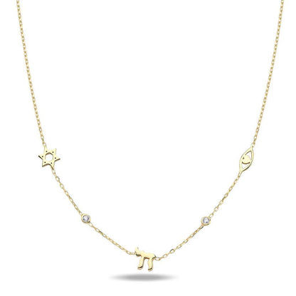 Jewish Chai, Evil Eye, Star of David CZ Charm Necklace Sterling Silver 925, every symbol she carries on one delicate chain