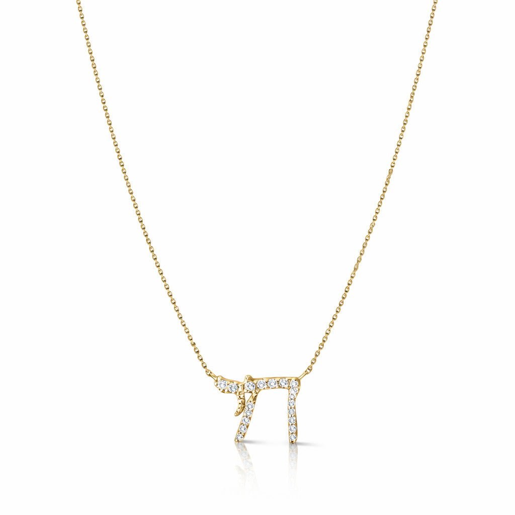 Jewish Chai Necklace in Solid 14k Yellow Gold with Pave Real Diamonds, the statement fine jewelry expression of life itself