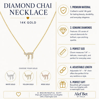 Jewish Chai Necklace in Solid 14k Yellow Gold with Real Diamonds, the everyday fine jewelry symbol of life