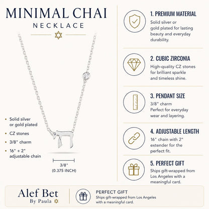 A promotional product graphic for a Minimal Chai Necklace by Alef Bet By Paula. The image features a silver-toned necklace with a deer pendant and cubic zirconia stones, shown alongside a detailed feature list on the right and product specifications on the left.