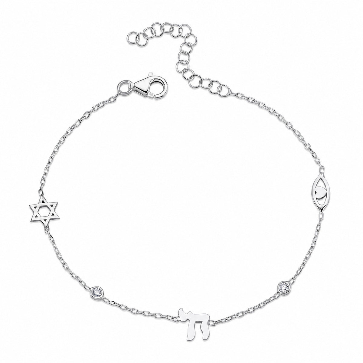 Silver charm bracelet with heart and chai charms, close-up angle by Alef Bet